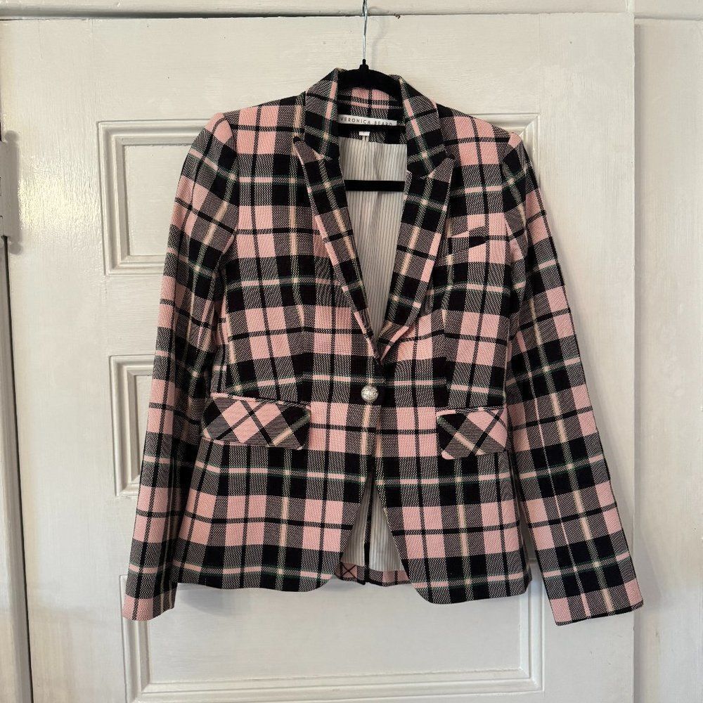 Veronica Beard Pink and Green Plaid Cutaway Dickey Blazer Jacket - Picture 2 of 11